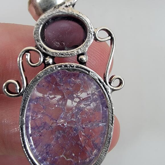 Handmade Silver Pendant with Crackled Amethyst and Deep Purple Gem - Picture 3 of 10